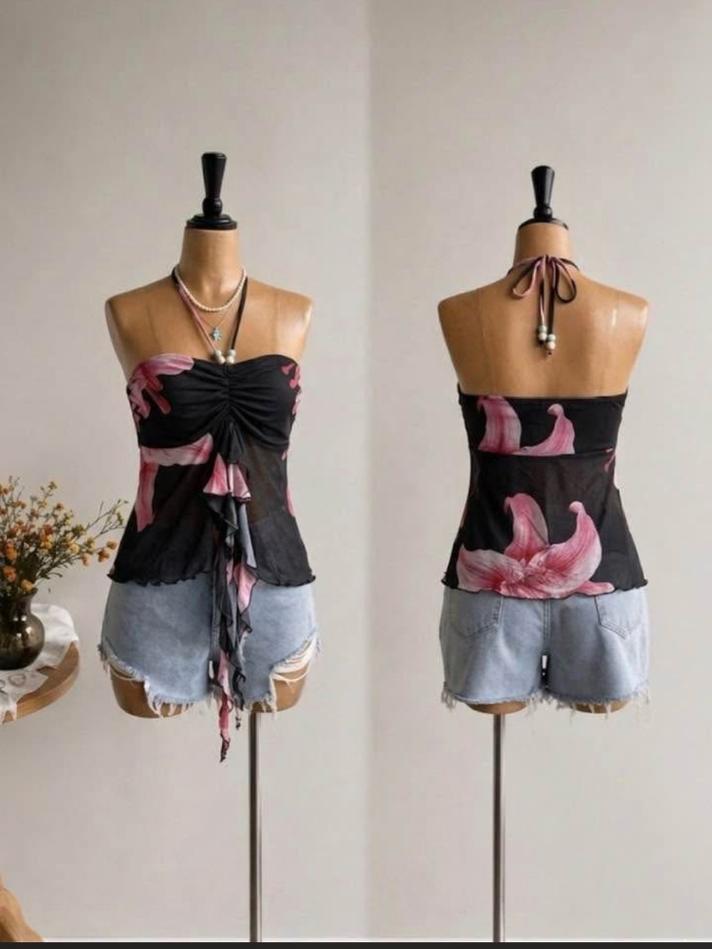 Floral Black Strapless Ruffle Tie-Front Camisole